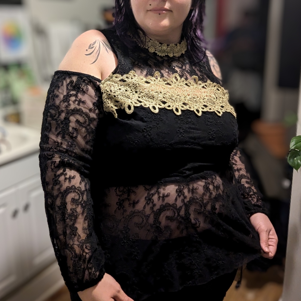 Black Lace Top with Gold Detailing